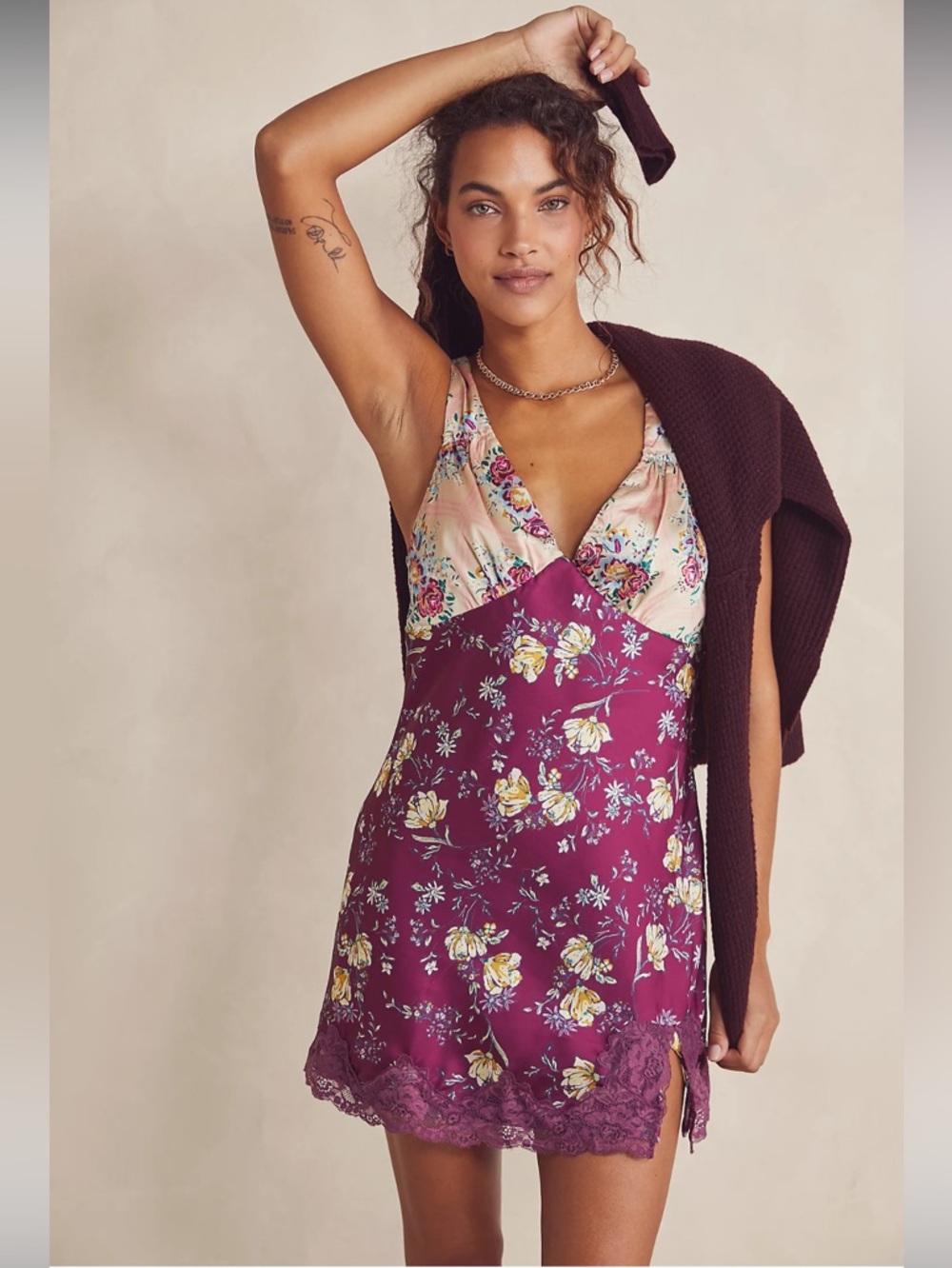 Free People Floral Print Layered V-Neck Slip Dress in Lavender and Peach